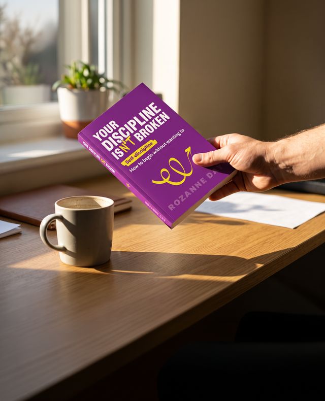 The book held open over a desk in window light, a cup of coffee beside it.
