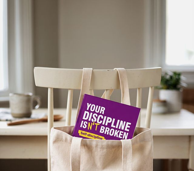 The paperback tucked into a canvas tote bag on a chair.