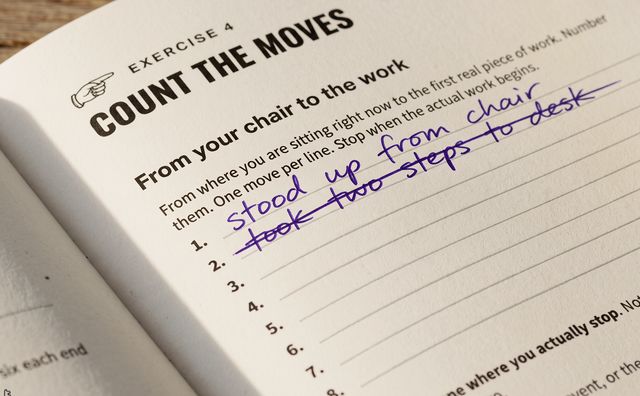 A workbook exercise page, Count the Moves, with the first move written in by hand and the second crossed out.
