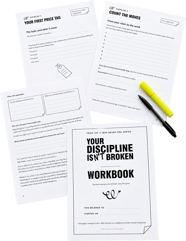 Four pages of the printed workbook, the cover sheet and three exercise sheets, with a highlighter and a pen.